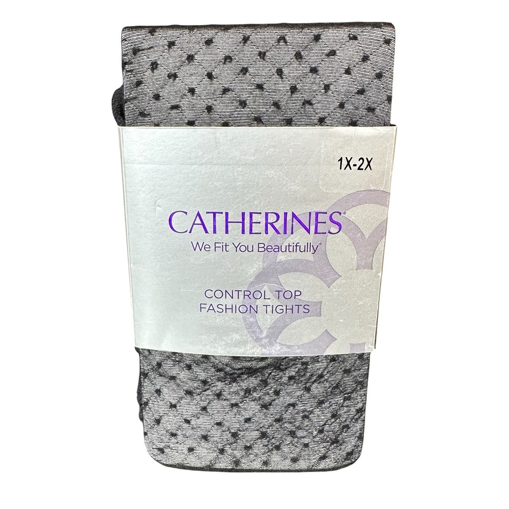 Catherines Control Top Fashion Tights 1X-2X Black Polka Dot Sheer Plus Size NWT